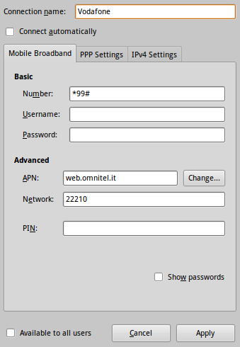 NetworkManager: Connection Editor Editing a mobile connection to Vodafone Italy